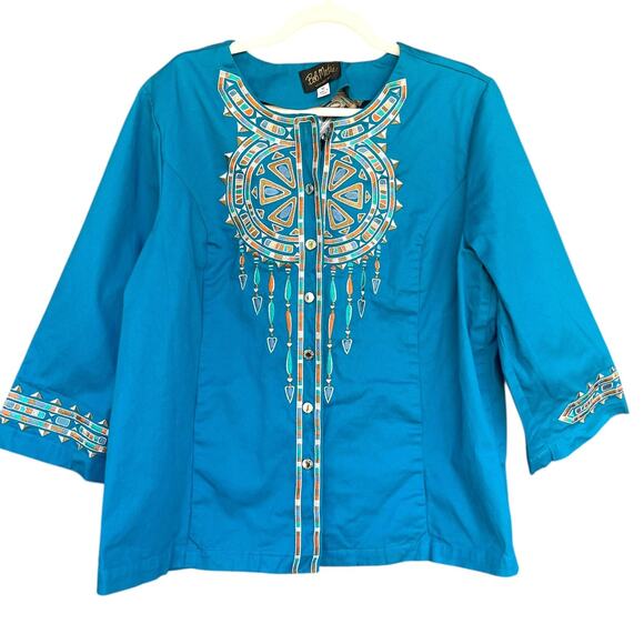 Bob Mackie Wearable Art Shirt Womens XL Blue Embroidered Button Front Boho Top - Picture 1 of 11